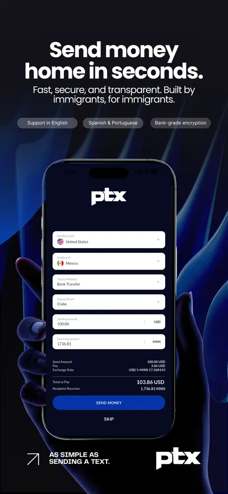 Tela do app PTX Exchange: mande dinheiro pra casa em minutos