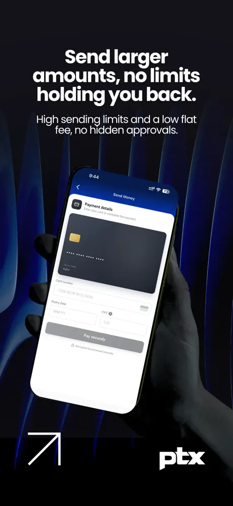 Tela do app PTX Exchange: envie valores maiores, sem limites